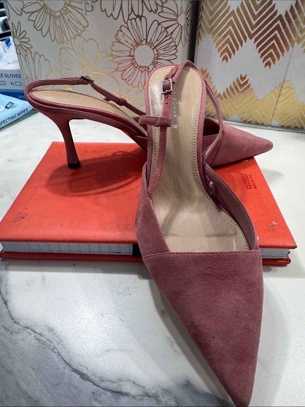 Zara French Style Women’s Dusty Rose Suede Pointed-Toe Slingback Heels - Picture 7 of 8